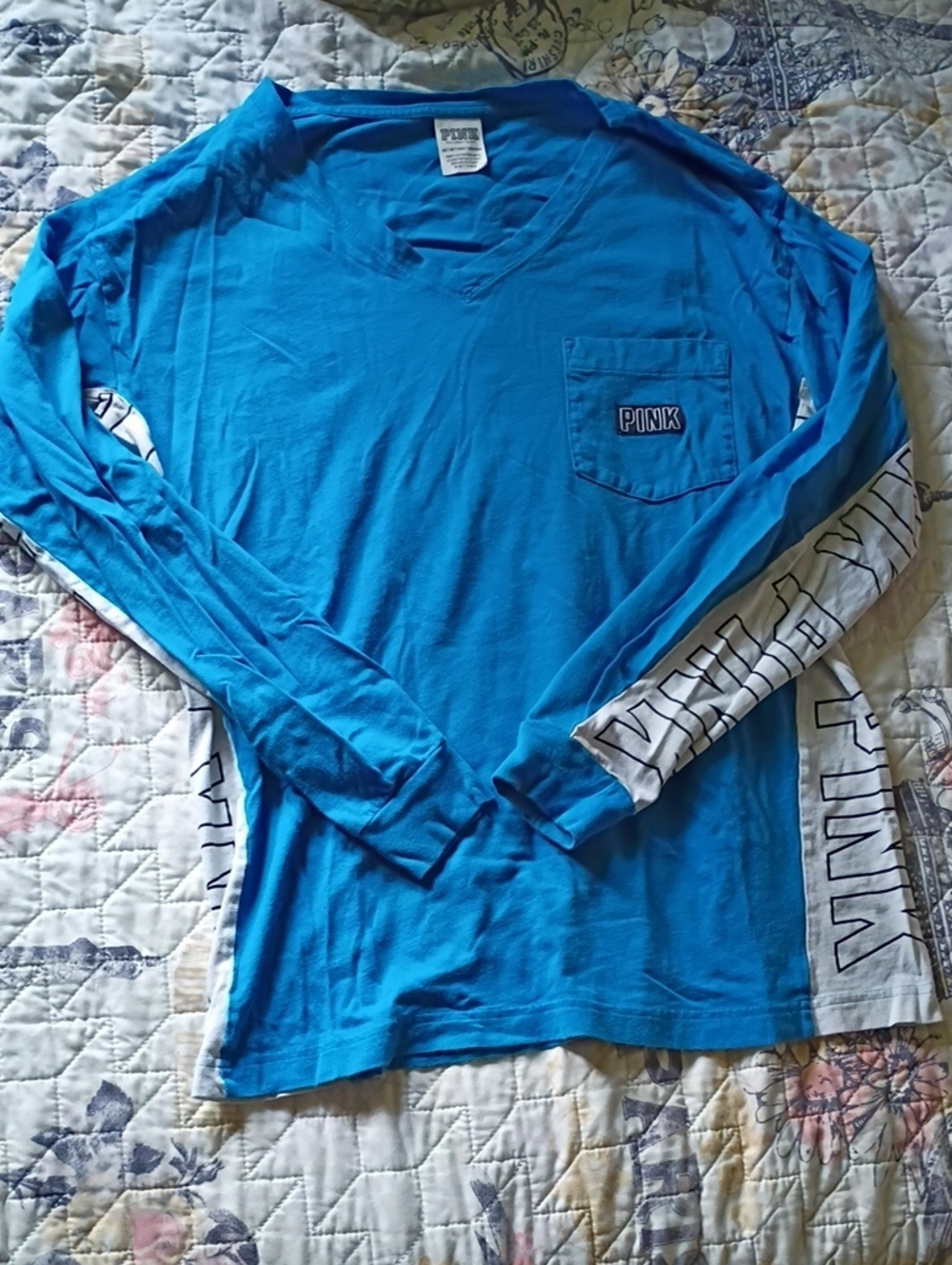 PINK- Blue Long Sleeve Top With Accented White And Signature Logo